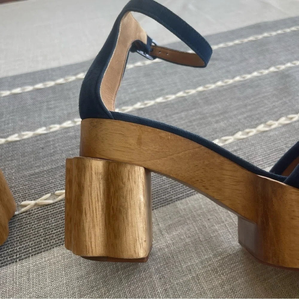 Tory Burch Alma Platform Sandals Heels Size 7 Fringe Suede Wooden Block Heel